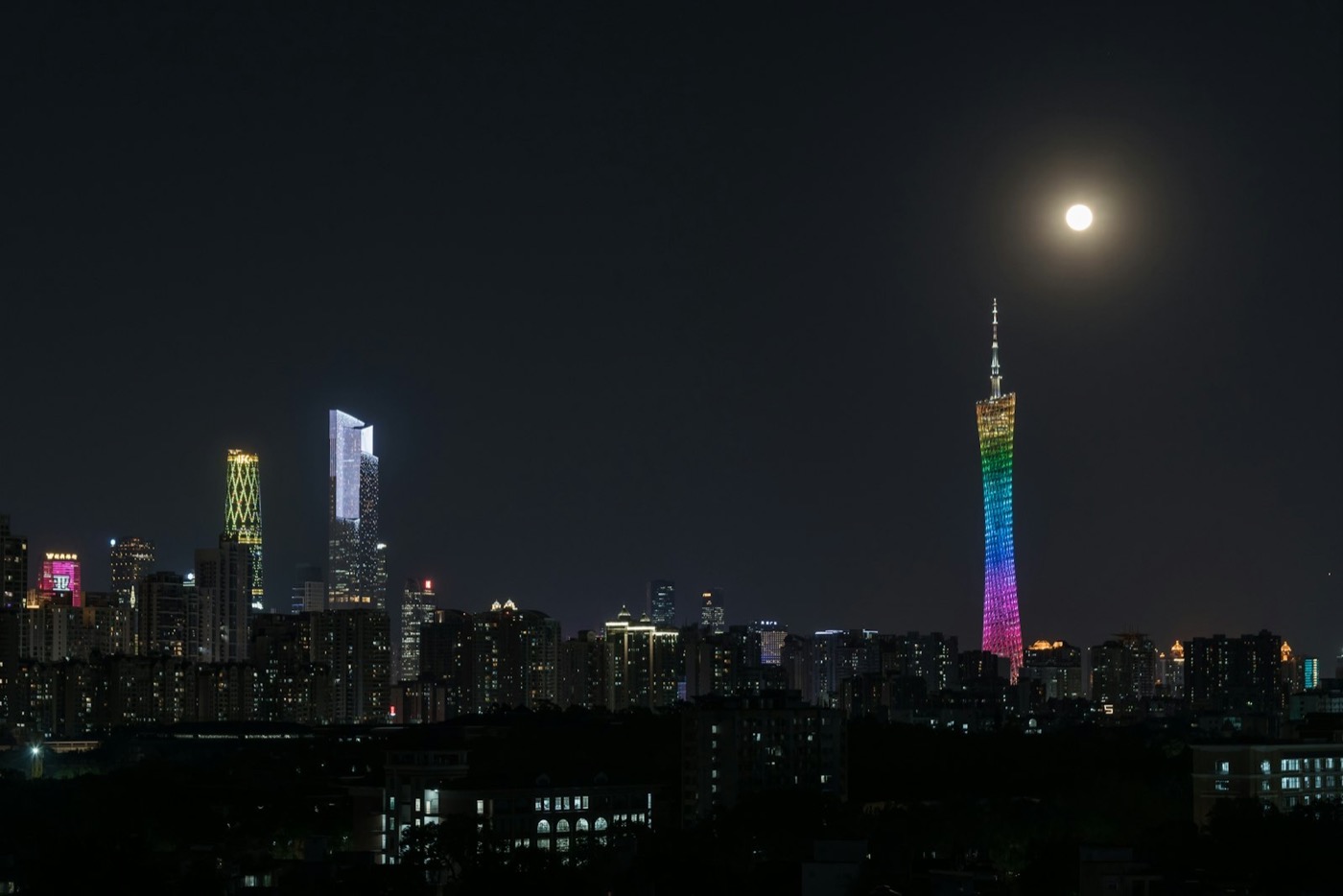 Guangzhou skyline at night featuring the Canton Tower, China